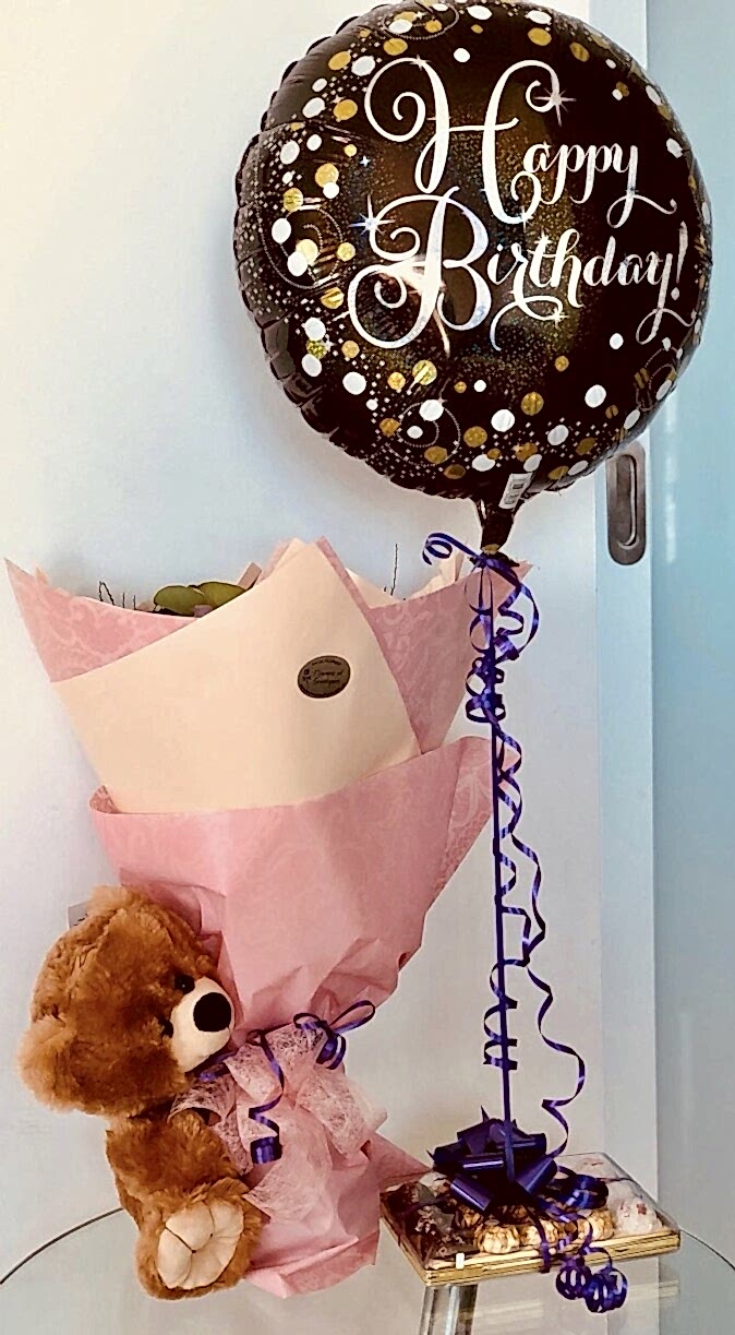 Happy Birthday Teddy With Bouquet