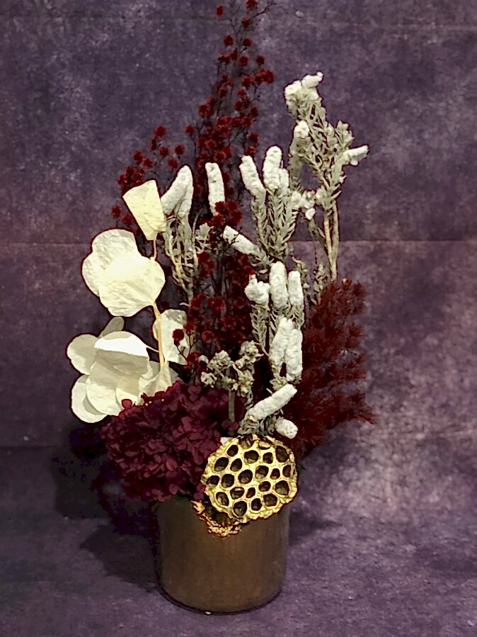 Red & White Dried Flower Display in Gold Vase