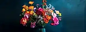 a vibrant bouquet of assorted flowers in various colors and shapes, creatively arranged in a modern vase.